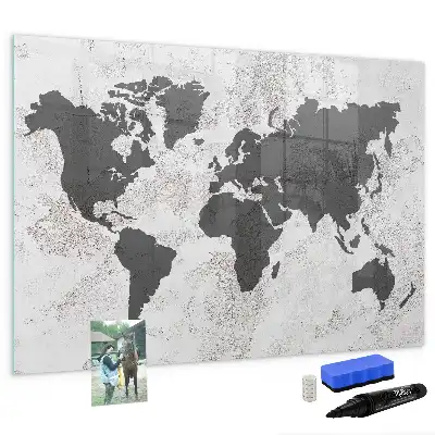 Beschrijfbaar glazen magneetbord met wereldkaart ontwerp in betonlook