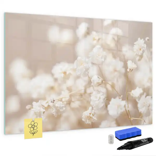Magnetisch glazen schrijfbord voor notities en foto's met motief van kleine witte bloemen