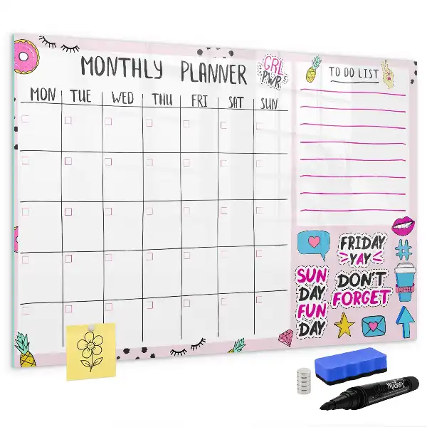 Beschrijfbaar glazen magneetbord met design voor maandplanning