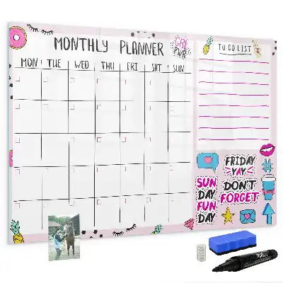 Beschrijfbaar glazen magneetbord met design voor maandplanning