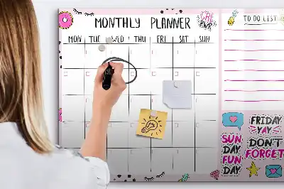 Beschrijfbaar glazen magneetbord met design voor maandplanning