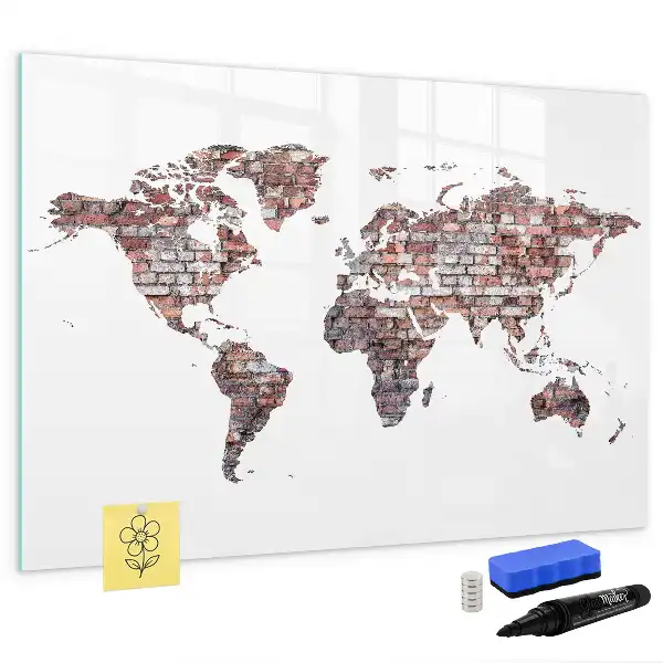 Beschrijfbaar glazen magneetbord met wereldkaart op baksteenmotief