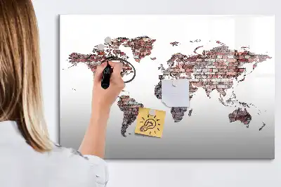 Beschrijfbaar glazen magneetbord met wereldkaart op baksteenmotief
