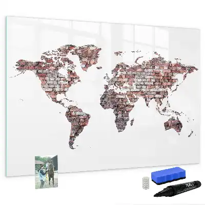 Beschrijfbaar glazen magneetbord met wereldkaart op baksteenmotief
