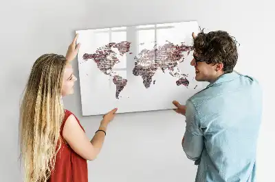 Beschrijfbaar glazen magneetbord met wereldkaart op baksteenmotief