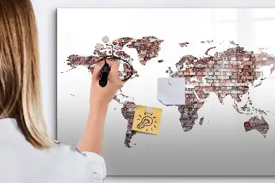 Beschrijfbaar glazen magneetbord met wereldkaart op baksteenmotief