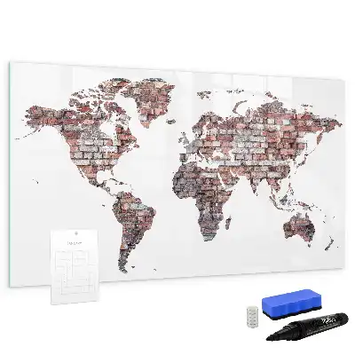 Beschrijfbaar glazen magneetbord met wereldkaart op baksteenmotief