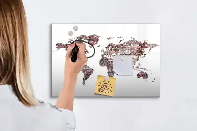 Beschrijfbaar glazen magneetbord met wereldkaart op baksteenmotief