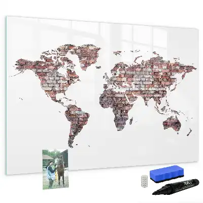 Beschrijfbaar glazen magneetbord met wereldkaart op baksteenmotief