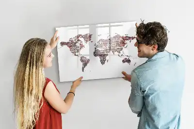 Beschrijfbaar glazen magneetbord met wereldkaart op baksteenmotief