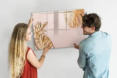 Beschrijfbaar glazen magneetbord met decoratieve gouden tropische bladeren