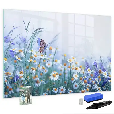 Glazen magneetbord met design van een vlinder op een weide