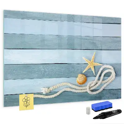 Beschrijfbaar glazen magneetbord met een design van planken met planten en schelpen