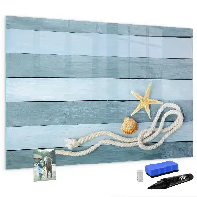 Beschrijfbaar glazen magneetbord met een design van planken met planten en schelpen
