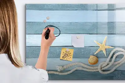 Beschrijfbaar glazen magneetbord met een design van planken met planten en schelpen