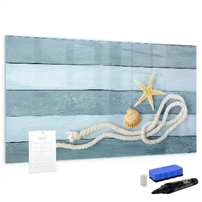 Beschrijfbaar glazen magneetbord met een design van planken met planten en schelpen