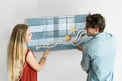 Beschrijfbaar glazen magneetbord met een design van planken met planten en schelpen