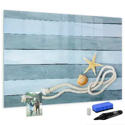 Beschrijfbaar glazen magneetbord met een design van planken met planten en schelpen