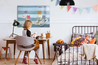 Beschrijfbaar glazen magneetbord met een design van planken met planten en schelpen