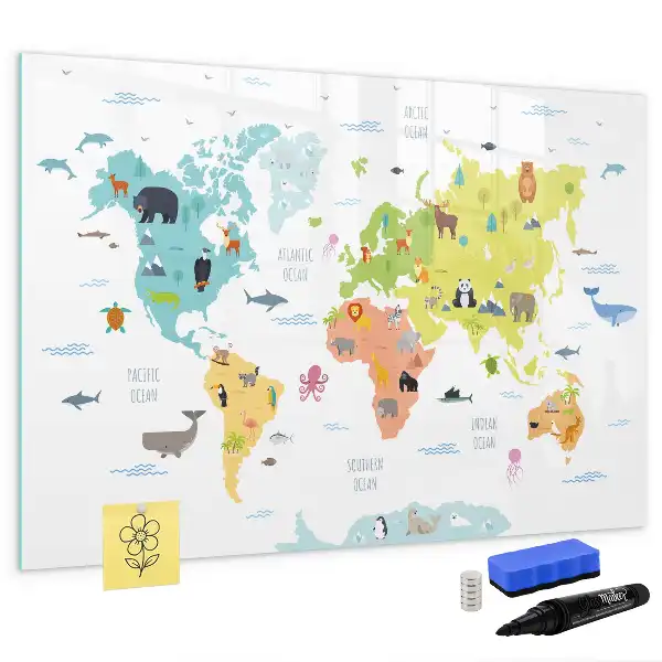 Magnetisch glazen schrijfbord met dieren wereldkaart