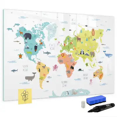 Magnetisch glazen schrijfbord met dieren wereldkaart