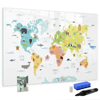 Magnetisch glazen schrijfbord met dieren wereldkaart