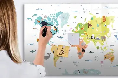 Magnetisch glazen schrijfbord met dieren wereldkaart