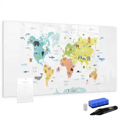 Magnetisch glazen schrijfbord met dieren wereldkaart