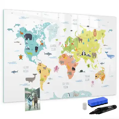Magnetisch glazen schrijfbord met dieren wereldkaart
