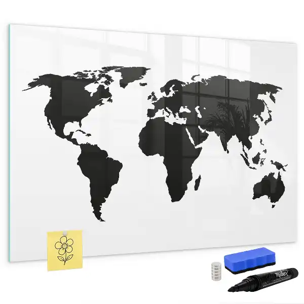 Beschrijfbaar glazen magneetbord met zwarte wereldkaart