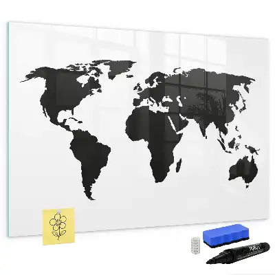 Beschrijfbaar glazen magneetbord met zwarte wereldkaart