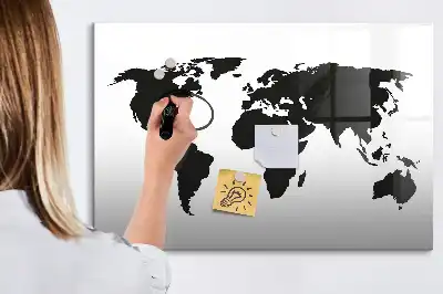 Beschrijfbaar glazen magneetbord met zwarte wereldkaart