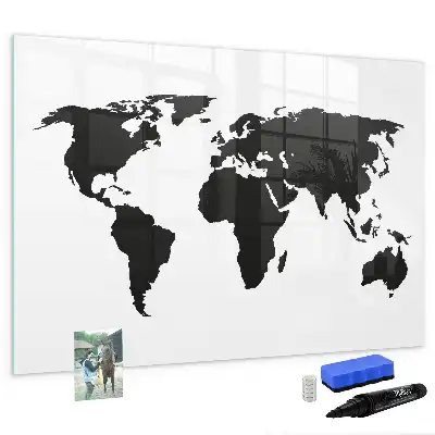 Beschrijfbaar glazen magneetbord met zwarte wereldkaart