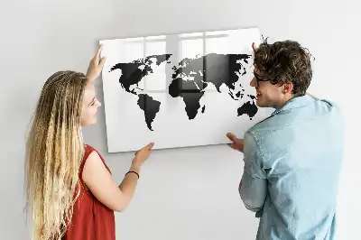 Beschrijfbaar glazen magneetbord met zwarte wereldkaart
