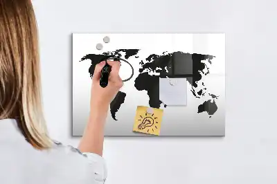 Beschrijfbaar glazen magneetbord met zwarte wereldkaart