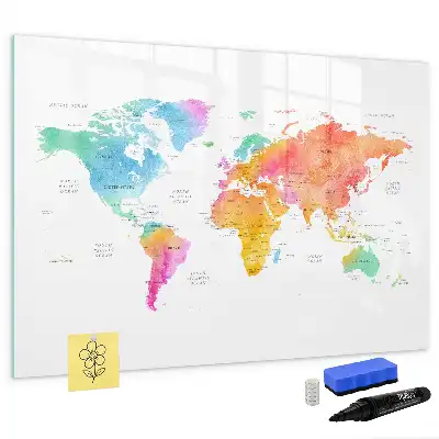 Magnetisch glazen schrijfbord met aquarel wereldkaart