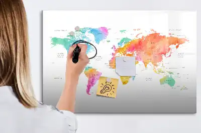 Magnetisch glazen schrijfbord met aquarel wereldkaart