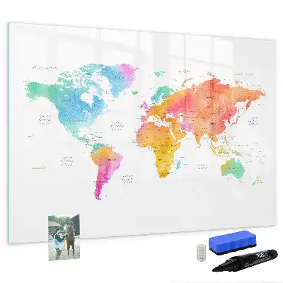 Magnetisch glazen schrijfbord met aquarel wereldkaart