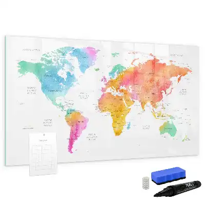 Magnetisch glazen schrijfbord met aquarel wereldkaart
