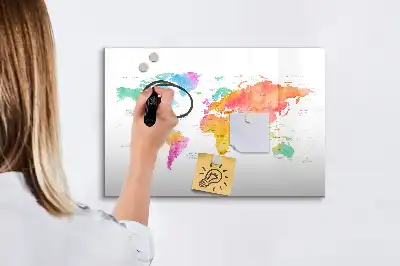 Magnetisch glazen schrijfbord met aquarel wereldkaart