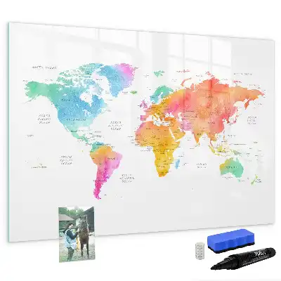 Magnetisch glazen schrijfbord met aquarel wereldkaart
