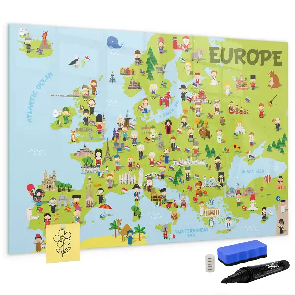 Magnetisch glazen schrijfbord met wereldkaart en vlaggen decoratief bord voor notities en foto's