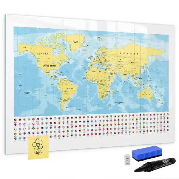Glazen magneetbord wereldkaart beschrijfbaar designbord