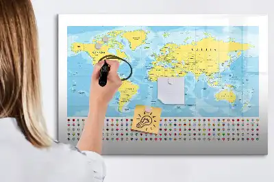 Glazen magneetbord wereldkaart beschrijfbaar designbord