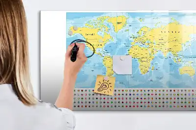Glazen magneetbord wereldkaart beschrijfbaar designbord