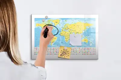 Glazen magneetbord wereldkaart beschrijfbaar designbord