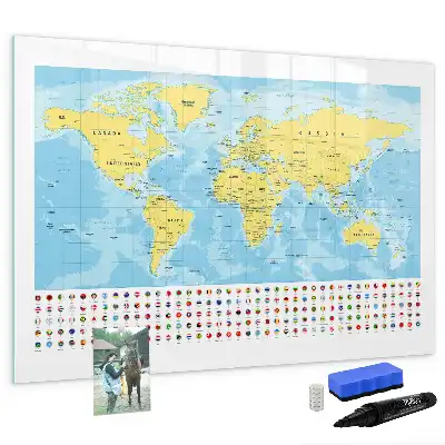 Glazen magneetbord wereldkaart beschrijfbaar designbord