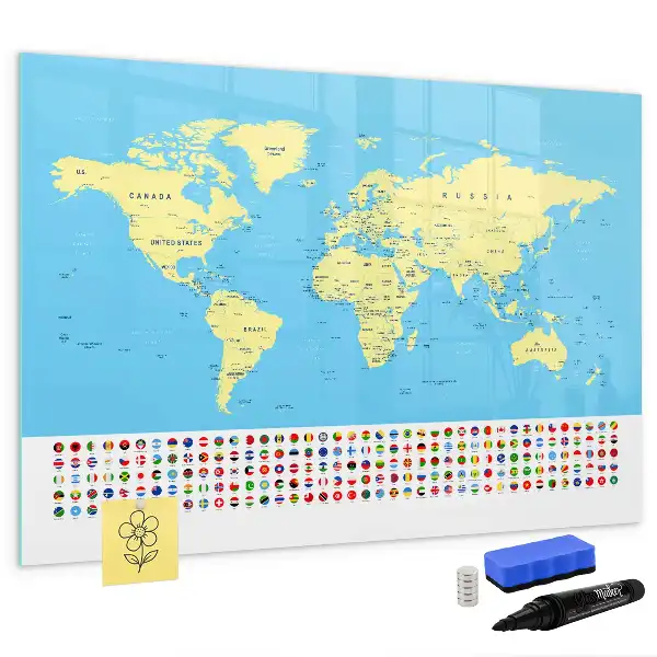 Magnetisch glazen memobord wereldkaart design