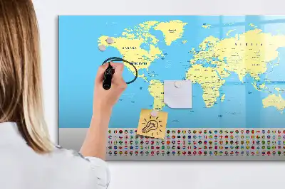 Magnetisch glazen memobord wereldkaart design