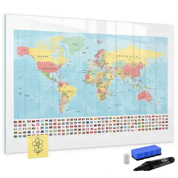 Glazen magneetbord met wereldkaart beschrijfbaar ontwerp van een geografische wereldkaart